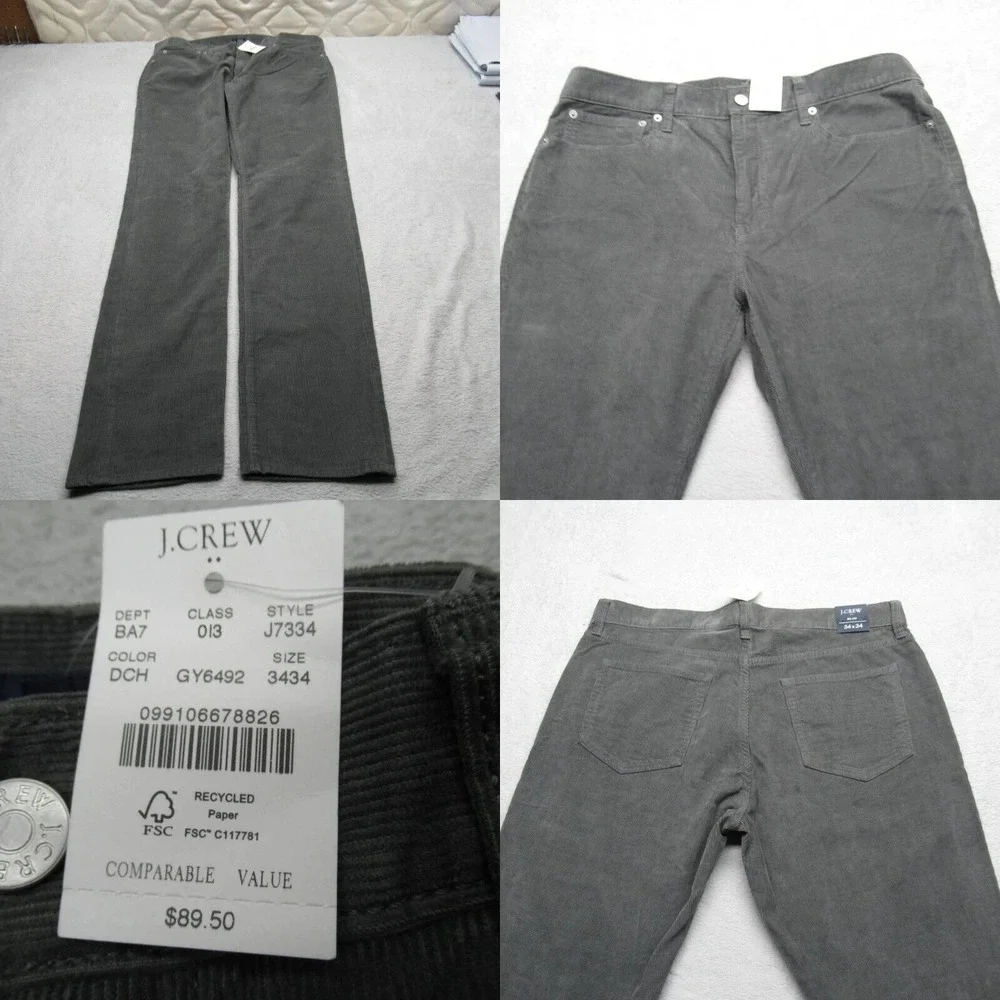 J Crew Corduroy Pants Men 34x33 Gray Green 484 Slim Straight Cords $89.50 NEW